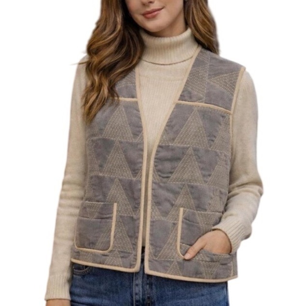 Pure Jill Elements Gray Quilted Kantha Cotton Linen Vest Geometric‎ Triangle M